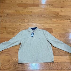 Izod Men's Quarter-Zip Pullover in Light Tan with Navy Trim